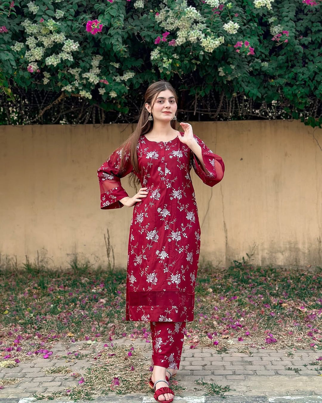 Winter Doriya  moti wali Blosom  printed Long lenth Co-ord 2p set