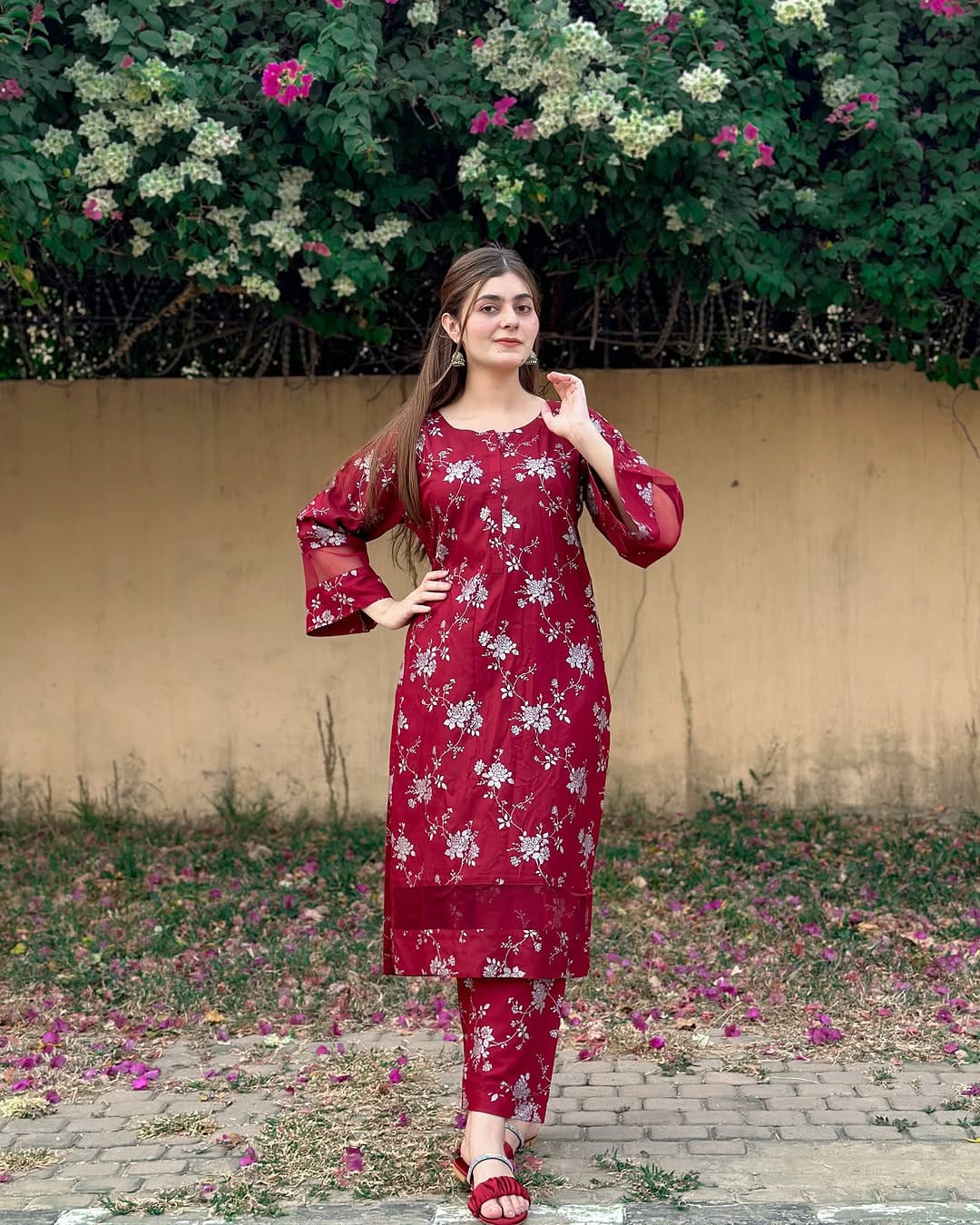 Winter Doriya  moti wali Blosom  printed Long lenth Co-ord 2p set