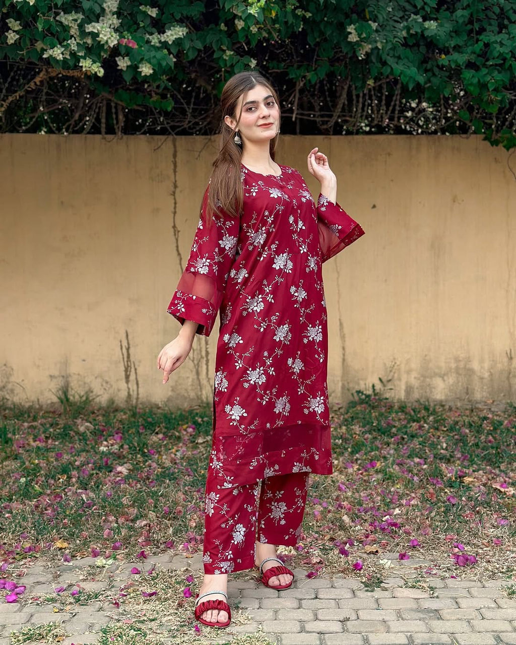Winter Doriya  moti wali Blosom  printed Long lenth Co-ord 2p set