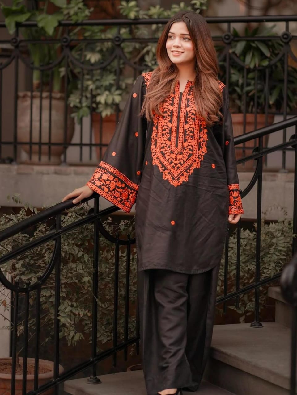 50%Azadi sale LONG NECK Embroidery Round Shirt With PLAZO